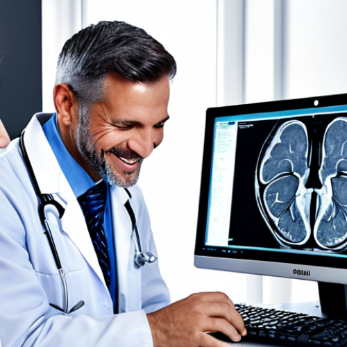 Home 19 **Image Prompt:** A radiologist smiling while reviewing a detailed medical scan on a high-tech monitor. Colleagues are collaborating in the background. Caption: "Radiology: A career with continuous professional growth, impactful patient care, and teamwork!" (Focus on growth and collaboration).