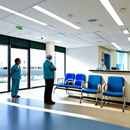Home 17 Modern Hospital Interior**
"A bright and clean modern hospital waiting area, professional setting, with patients and medical staff fully clothed in appropriate attire, safe for work, correct proportions, well-formed hands, natural pose, daytime, high resolution, professional photography"
**