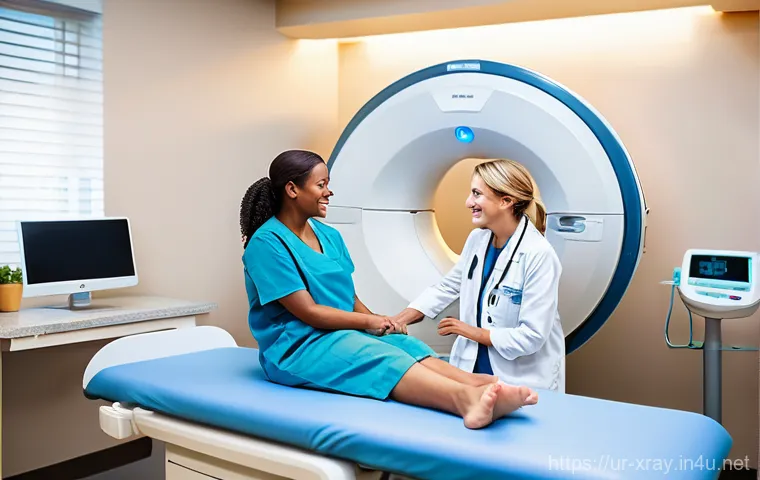방사선사 자기소개서 작성법 - Image Prompt 1: The Compassionate Radiologist and Young Patient**