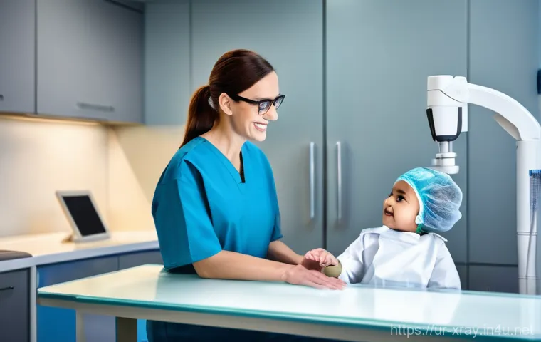 방사선사 초보자가 주의할 점 - **A highly professional and compassionate female radiologist, wearing a clean, modern lead apron, th...