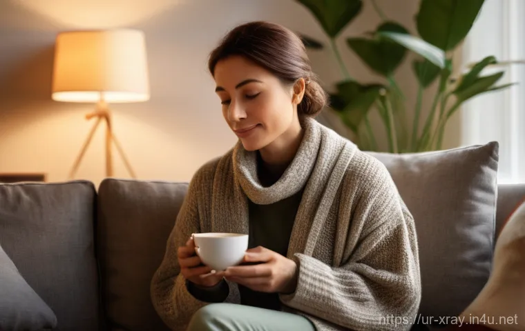 방사선사 스트레스 관리 - **Prompt: Peaceful Evening After Work**
A radiologist, a woman in her late 30s with warm, kind e...