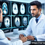 Home 21 방사선사 영상 판독 사례 - A detailed, realistic medical imaging scene showing a radiologist carefully analyzing a complex CT s...