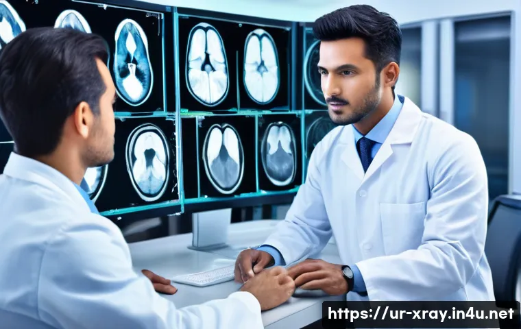 방사선사 영상 판독 사례 - A detailed, realistic medical imaging scene showing a radiologist carefully analyzing a complex CT s...
