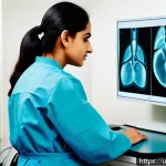 Home 19 방사선사 자격시험 관련 법규 - A detailed and realistic scene inside a modern radiology examination room in Pakistan, featuring a y...