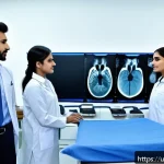 Home 18 방사선사 취업 성공 사례 - A detailed, realistic scene inside a modern Pakistani radiology training center showing a diverse gr...
