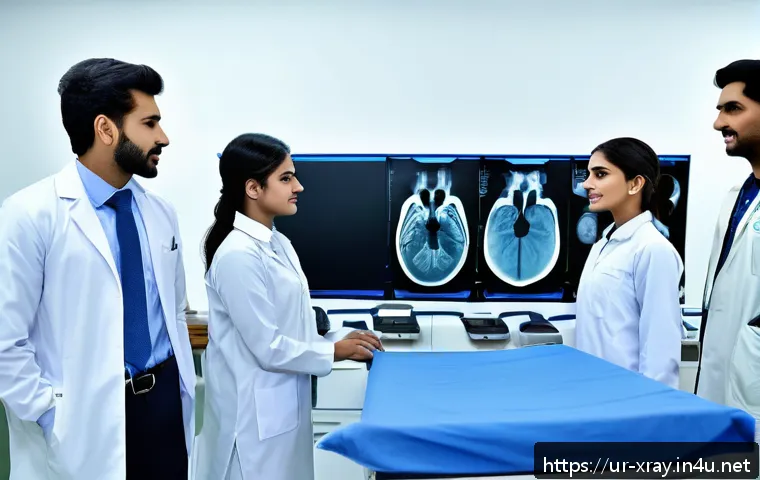 방사선사 취업 성공 사례 - A detailed, realistic scene inside a modern Pakistani radiology training center showing a diverse gr...