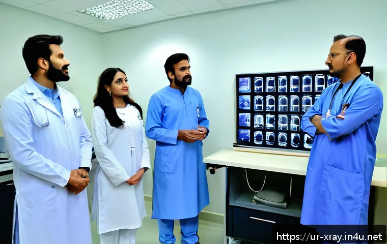 방사선사 협회 활동 가이드 - A professional radiology workshop scene set in a modern medical training facility in Pakistan, featu...